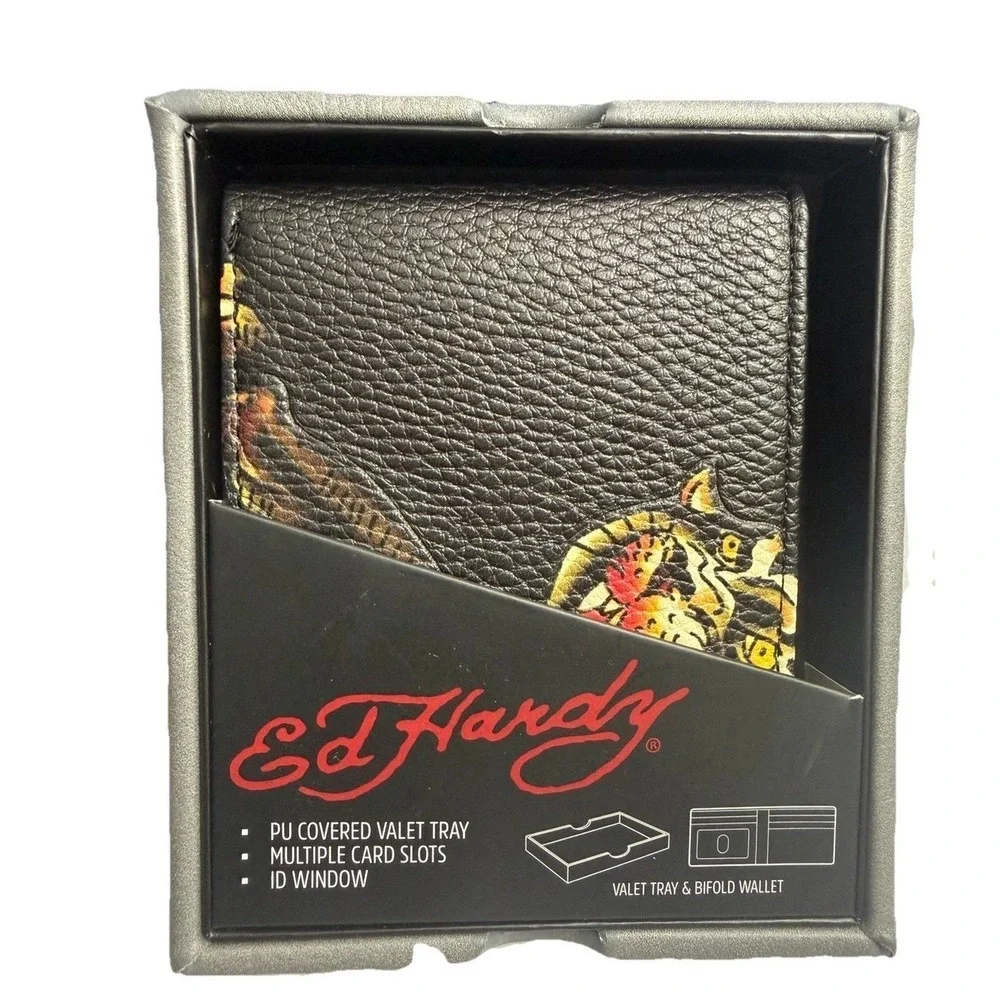 Ed Hardy Men's Black Wallet Bi-fold With Valet Tray PU Leather Tiger Tattoo New